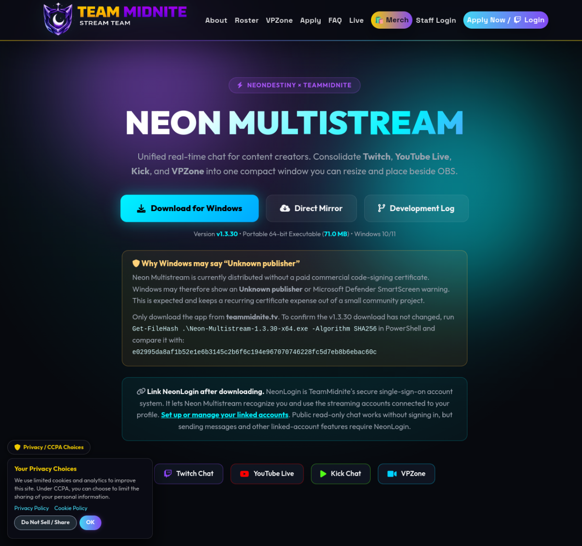 Preview of Neon Multistream Chat Console