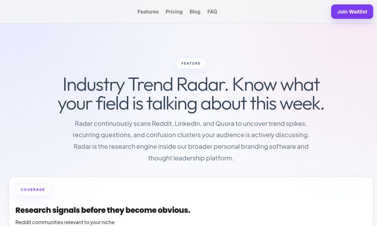 SelfBrand AI Radar scanning Reddit, LinkedIn, and Quora