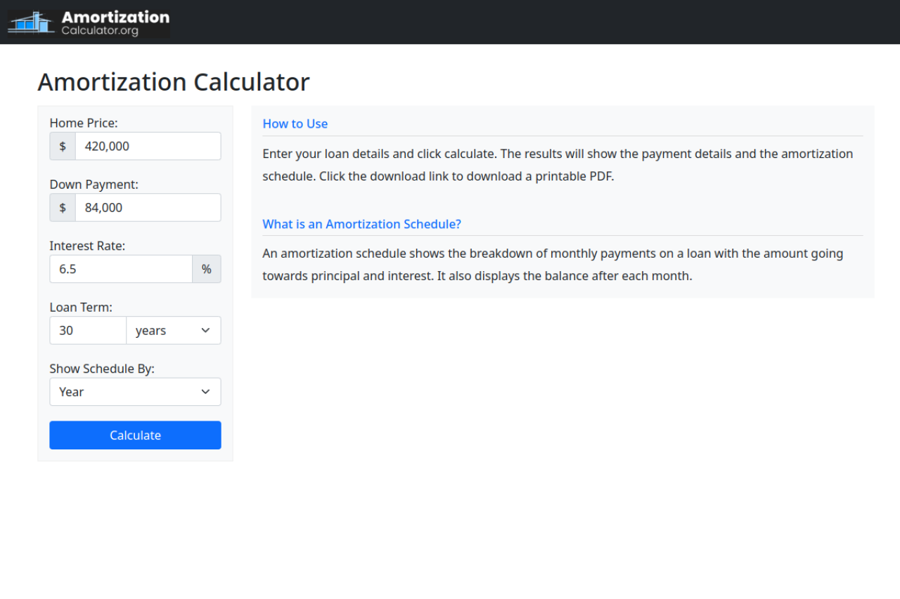 Screenshot of amortizationcalculator.org