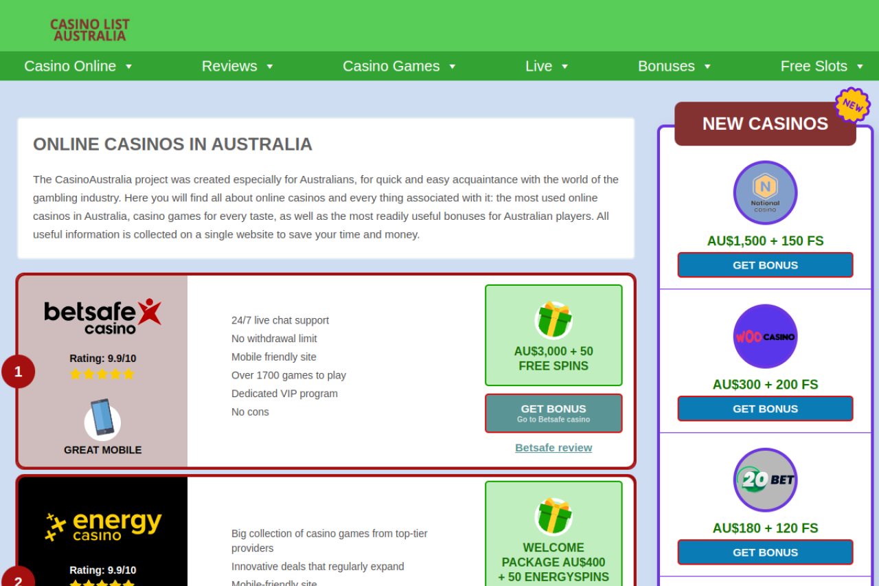 Screenshot of casinolistaustralia.com