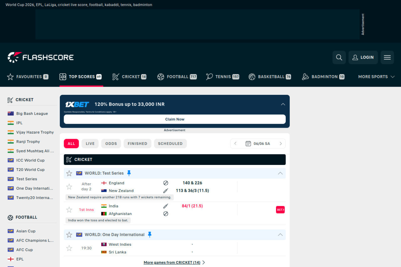 Screenshot of flashscore.in