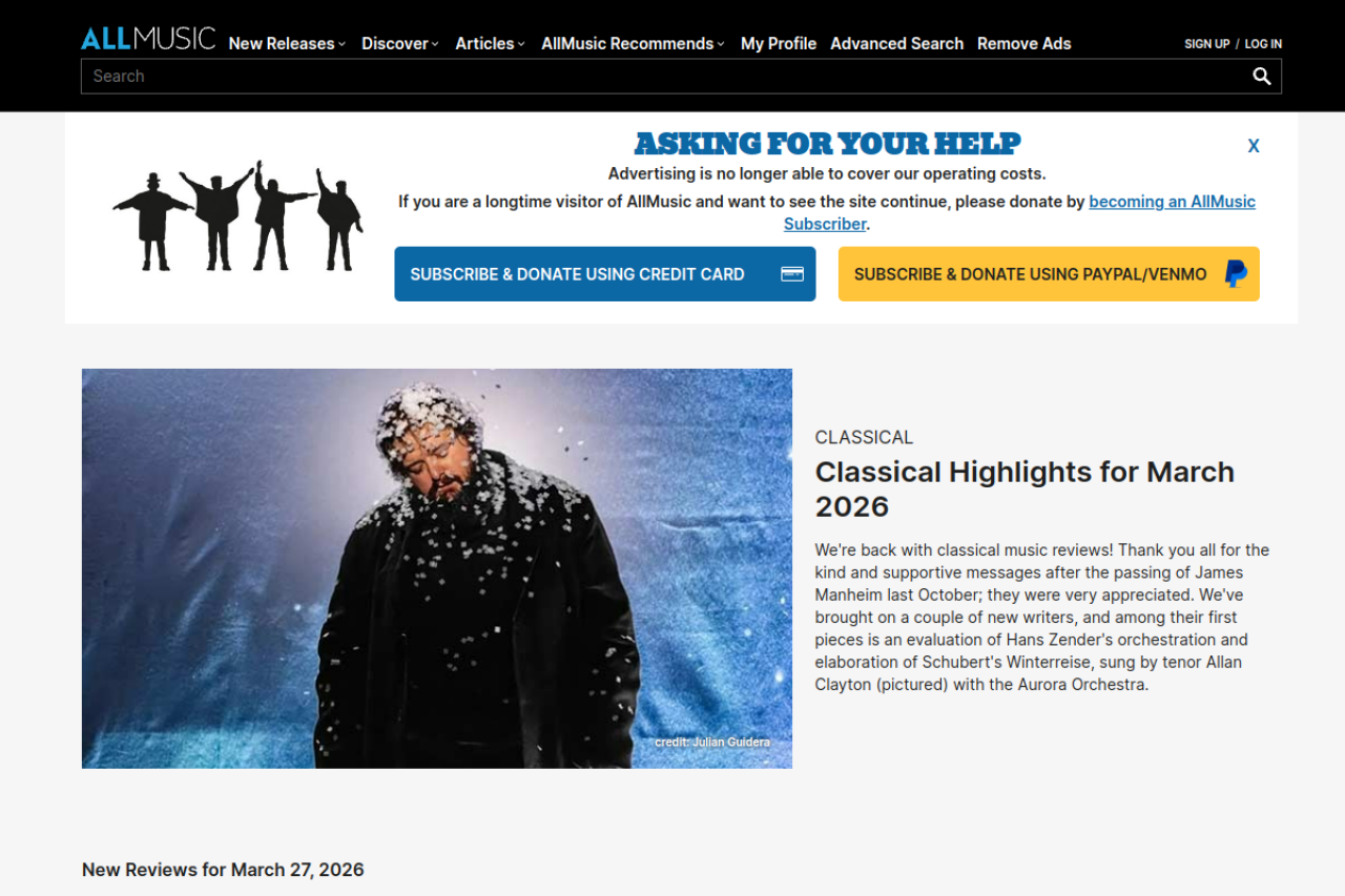 Screenshot of the allmusic.com homepage