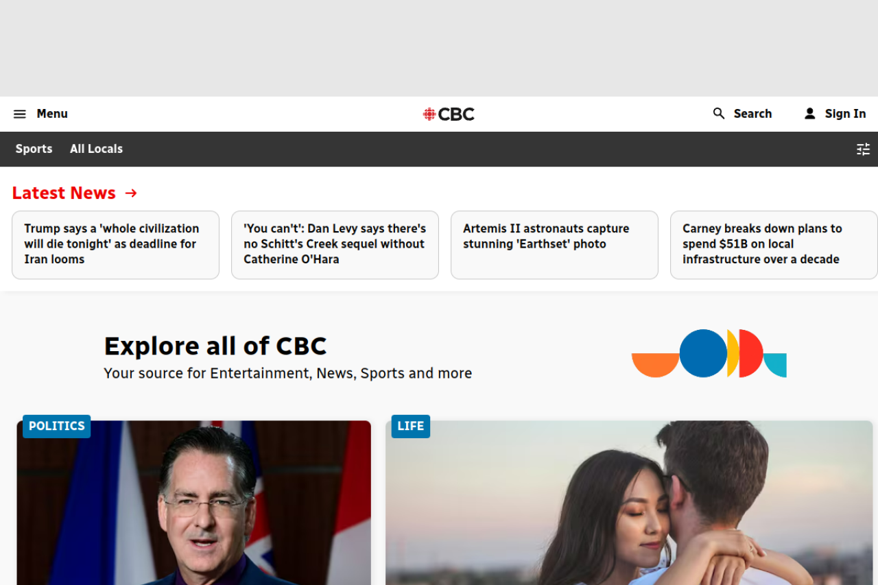 Screenshot of the cbc.ca homepage
