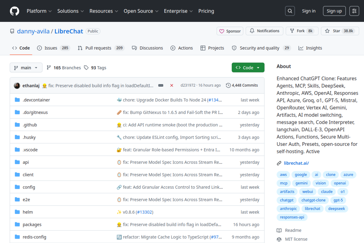 GitHub - danny-avila/LibreChat: Enhanced ChatGPT Clone: Features Agents, MCP, Skills, DeepSeek, Anthropic, AWS, OpenAI, Responses API, Azure, Groq, o1, GPT-5, Mistral, OpenRouter, Vertex AI, Gemini, Artifacts, AI model switching, message search, Code Interpreter, langchain, DALL-E-3, OpenAPI Actions, Functions, Secure Multi-User Auth, Presets, open-source for self-hosting. Active 界面预览