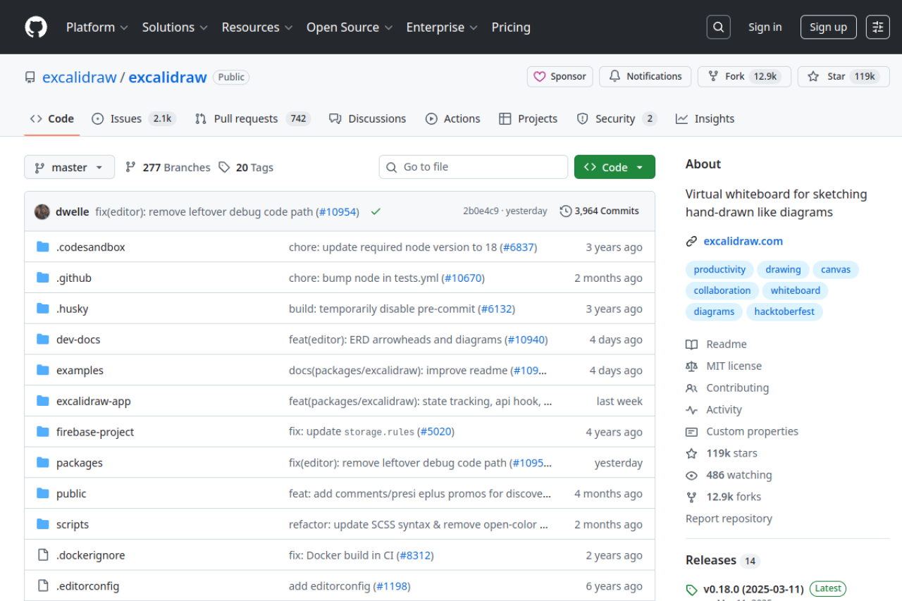 GitHub - excalidraw/excalidraw: Virtual whiteboard for sketching hand-drawn like diagrams 界面预览