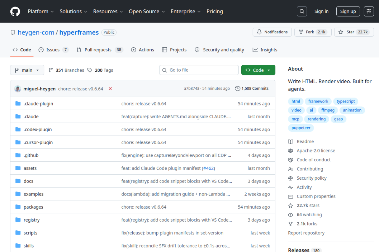 GitHub - heygen-com/hyperframes: Write HTML. Render video. Built for agents. 界面预览