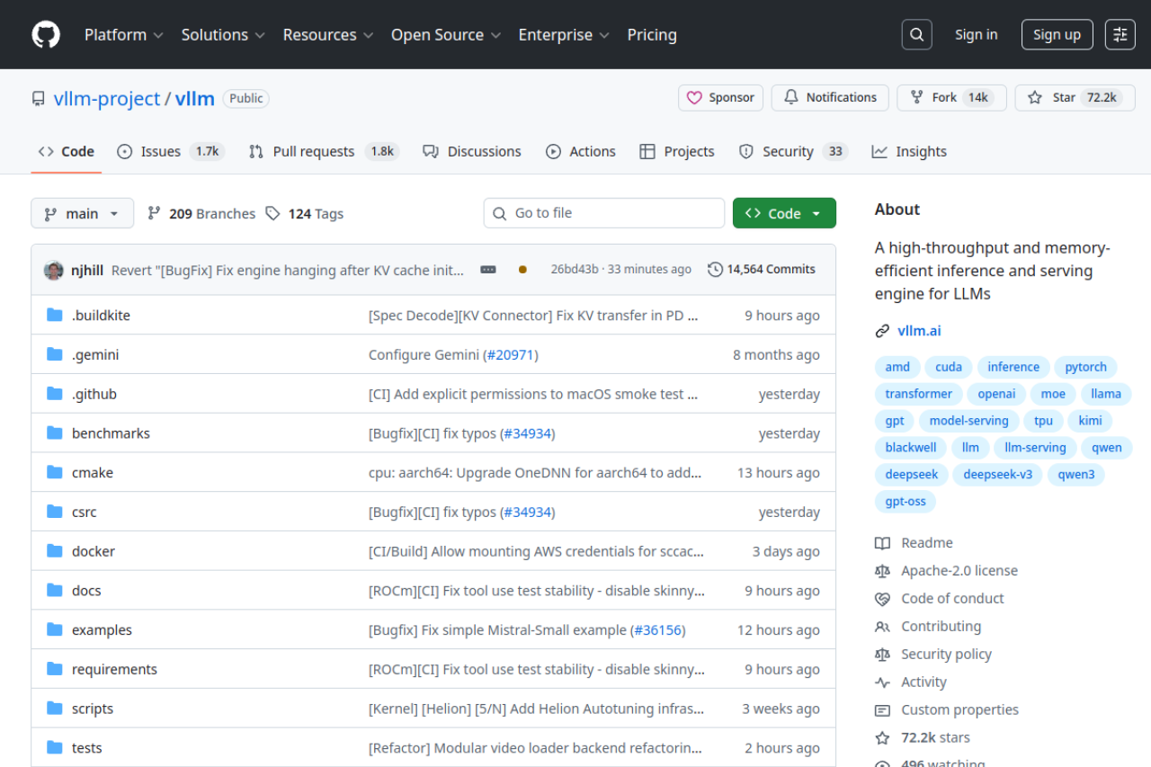GitHub - vllm-project/vllm: A high-throughput and memory-efficient inference and serving engine for LLMs 界面预览