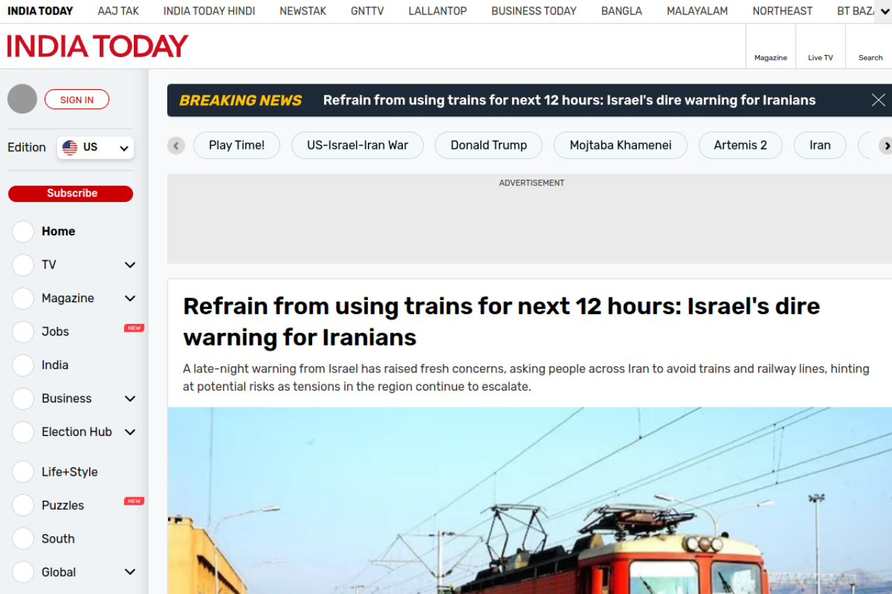 Screenshot of the indiatoday.in homepage