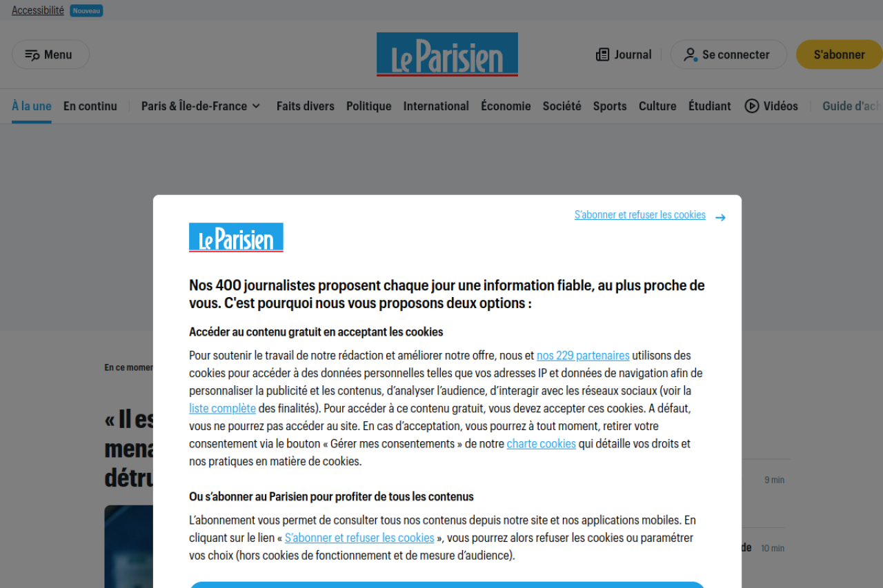 Screenshot of the leparisien.fr homepage