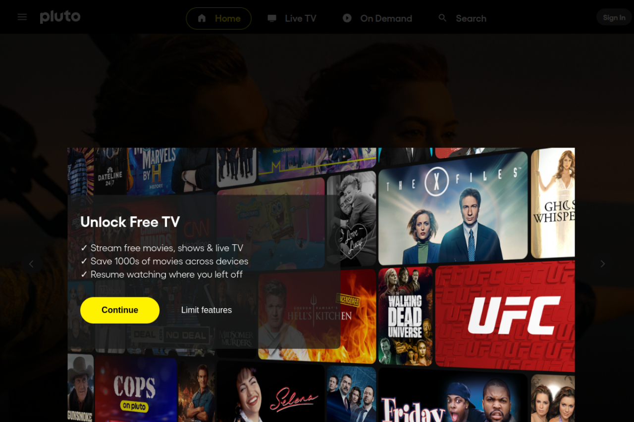 Screenshot of the pluto.tv homepage