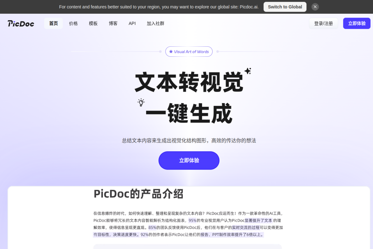PicDoc-AI文本转视觉工具，1秒生成可视化信息图