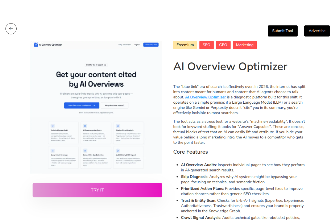 Ai Overview Optimizer website screenshot