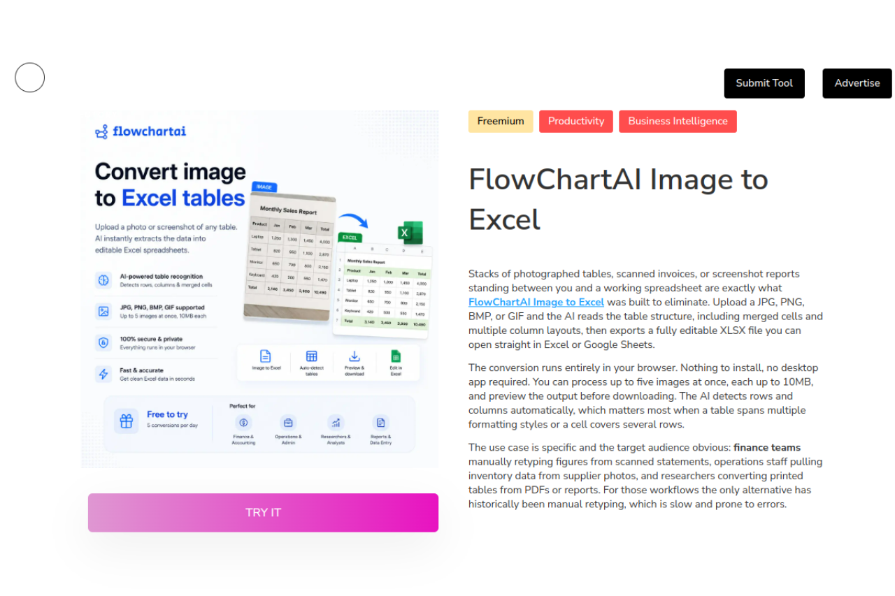 Flowchartai Image To Excel website screenshot