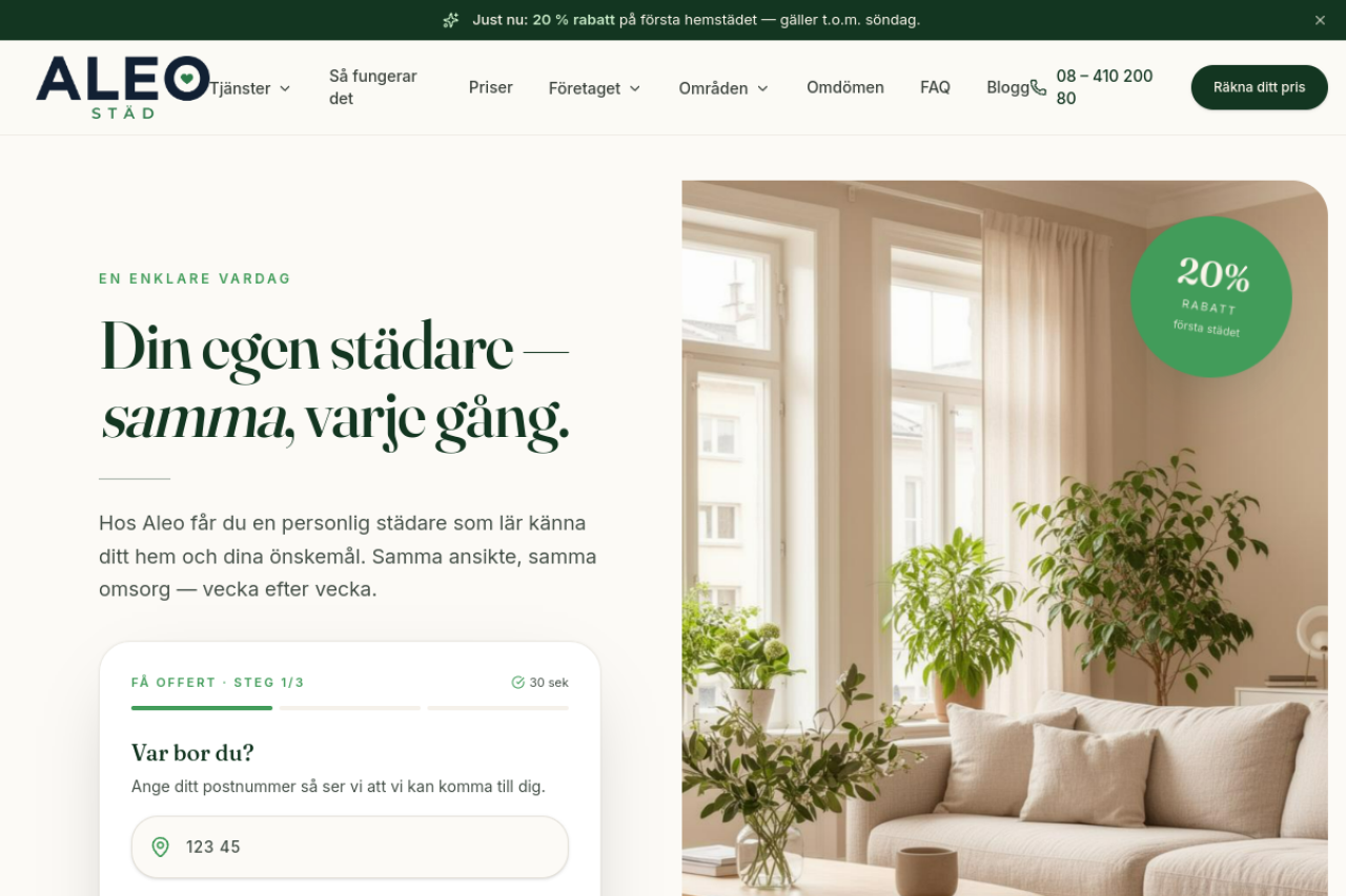 Screenshot av aleostad.se – hemsida byggd av Techgruppen