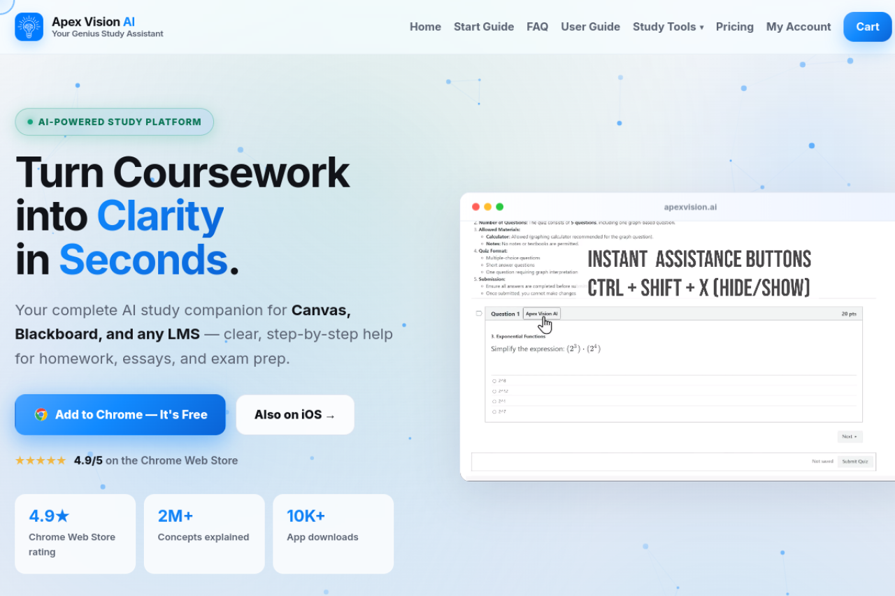 Apex Vision Ai Homework Quiz Answering Ai website screenshot