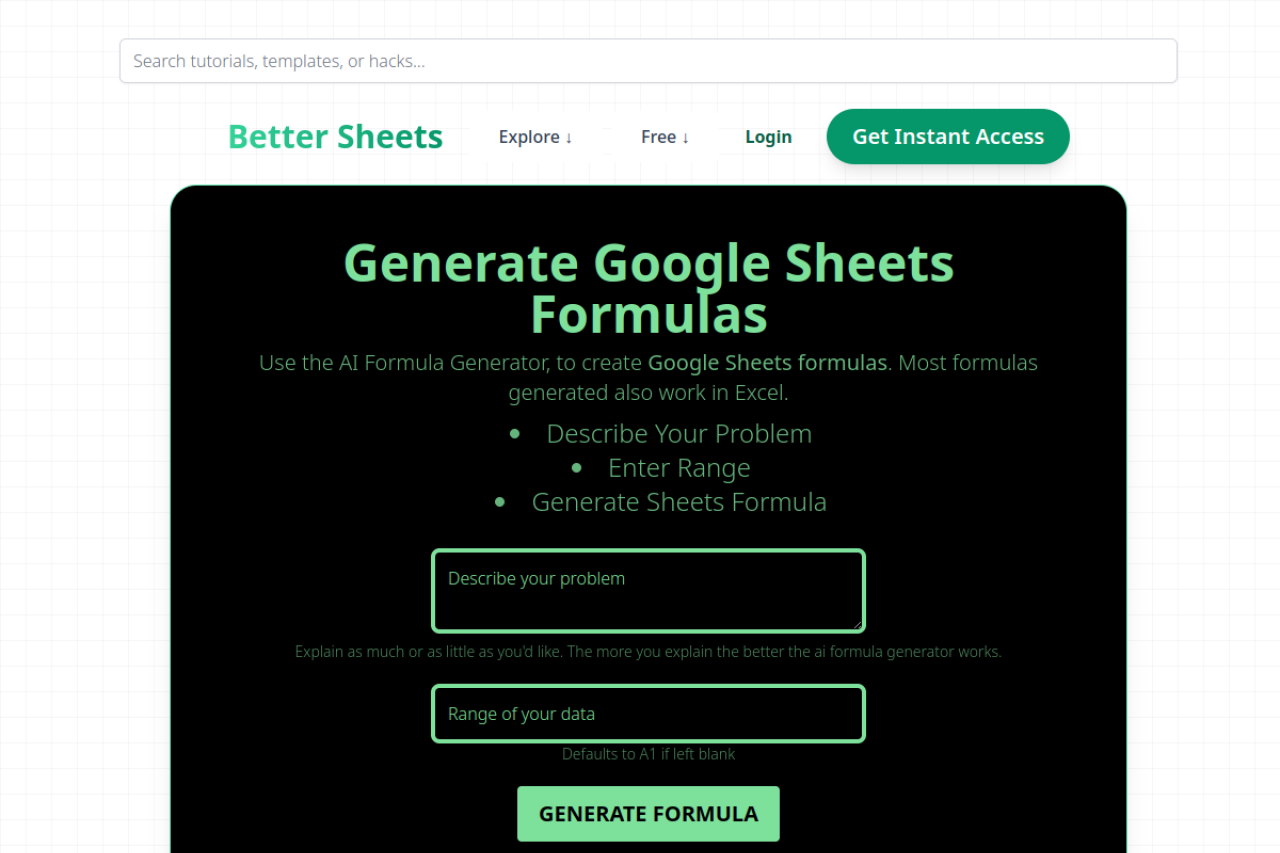 Google Sheets Formula Generator website screenshot