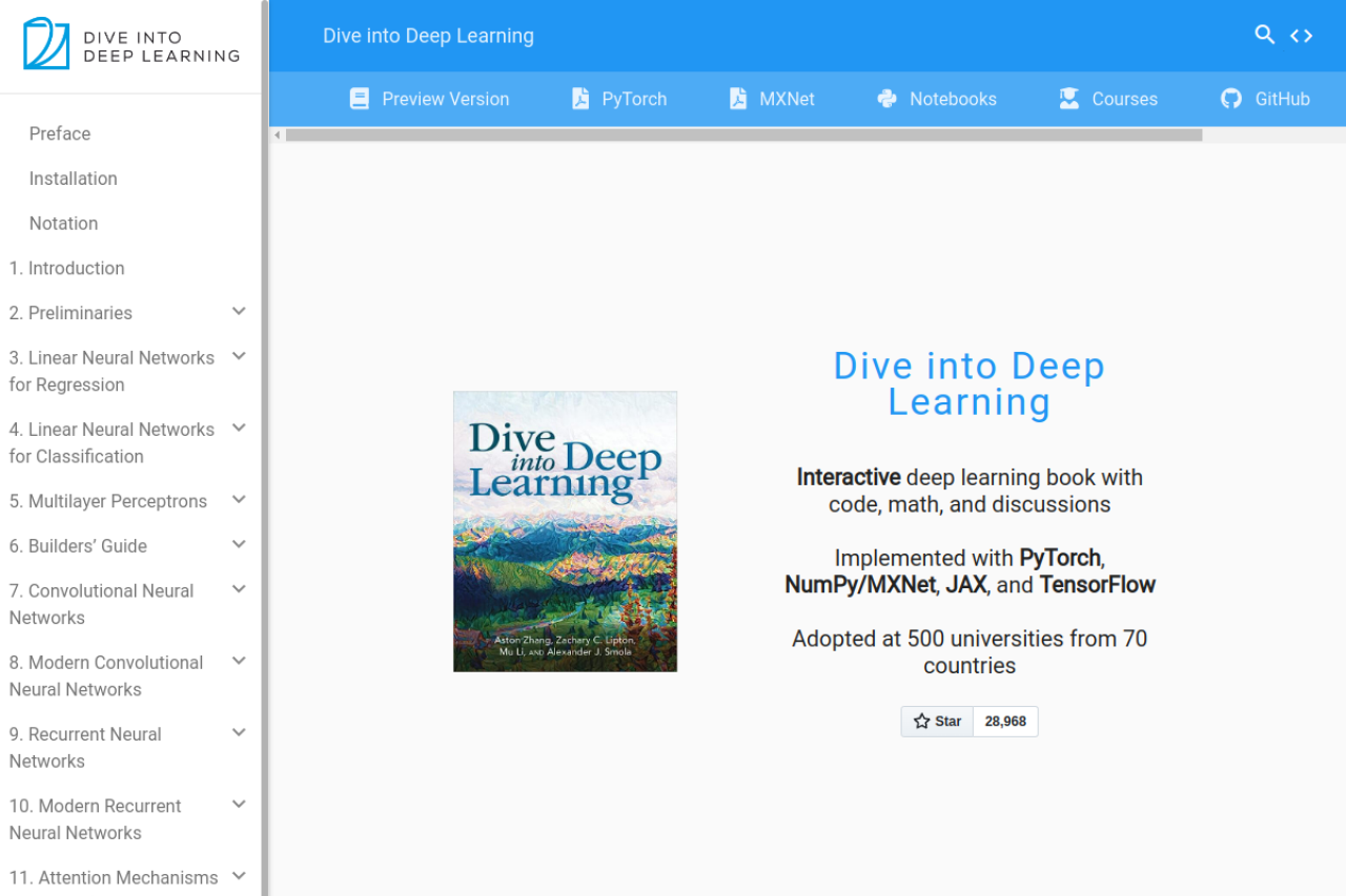 Dive into Deep Learning website screenshot
