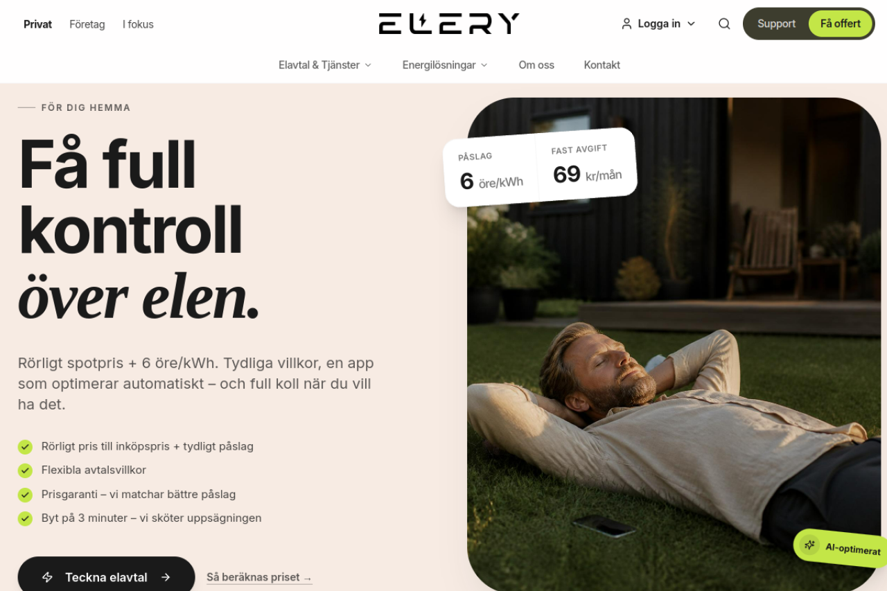 Screenshot av elery.se – hemsida byggd av Techgruppen