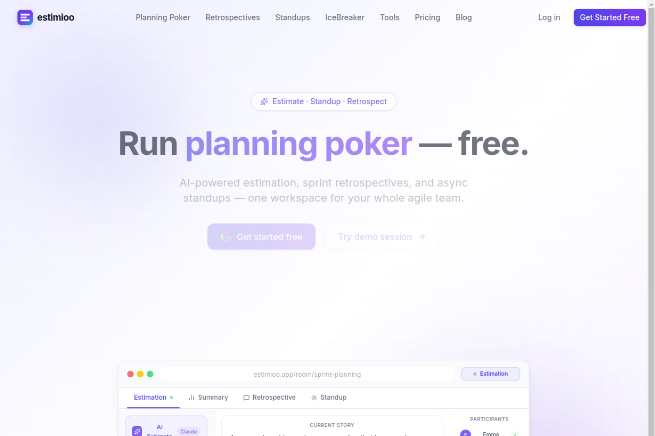 Estimioo — AI-Powered Planning Poker live site preview
