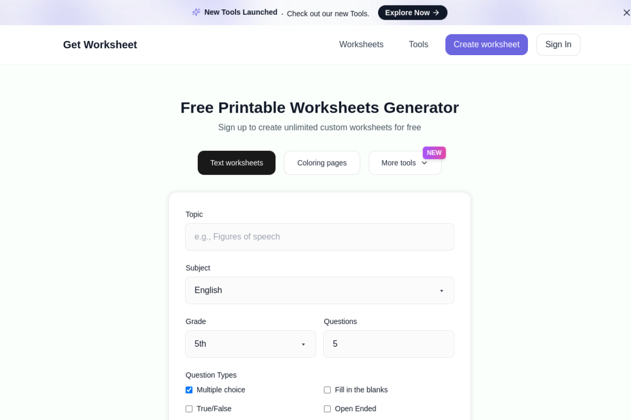 Get Worksheet website screenshot