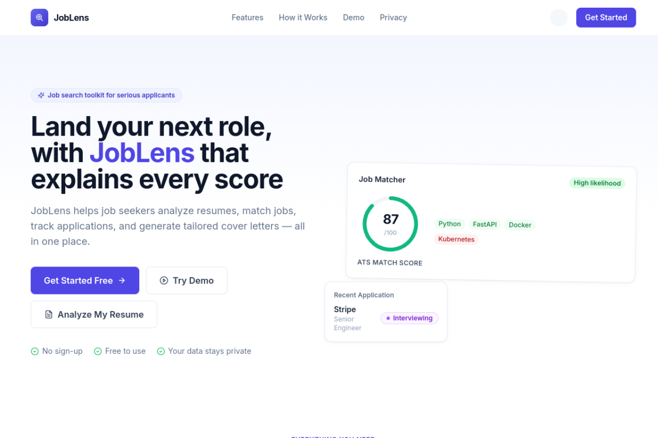 Screenshot of JobLens
