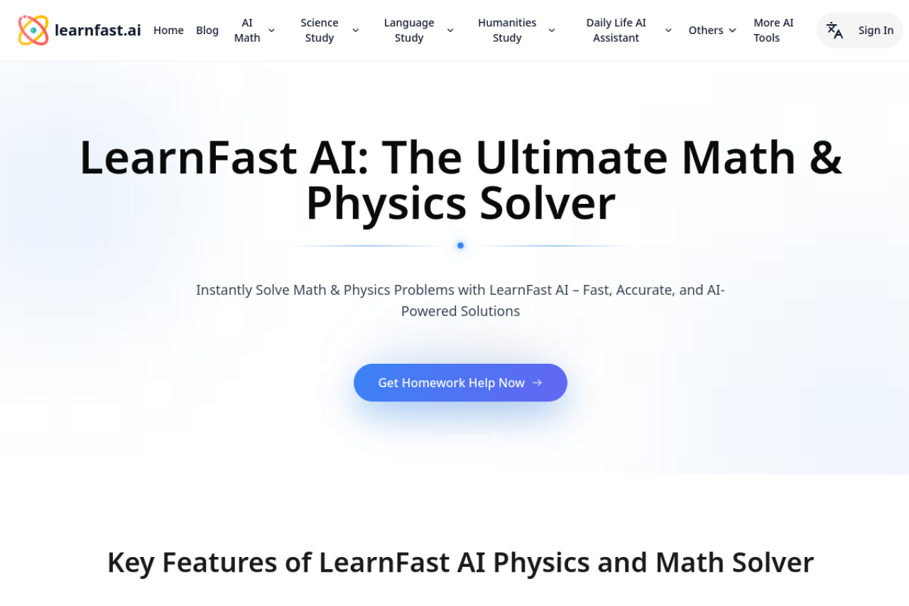 Learnfast Ai Free Ai Physics Solver website screenshot