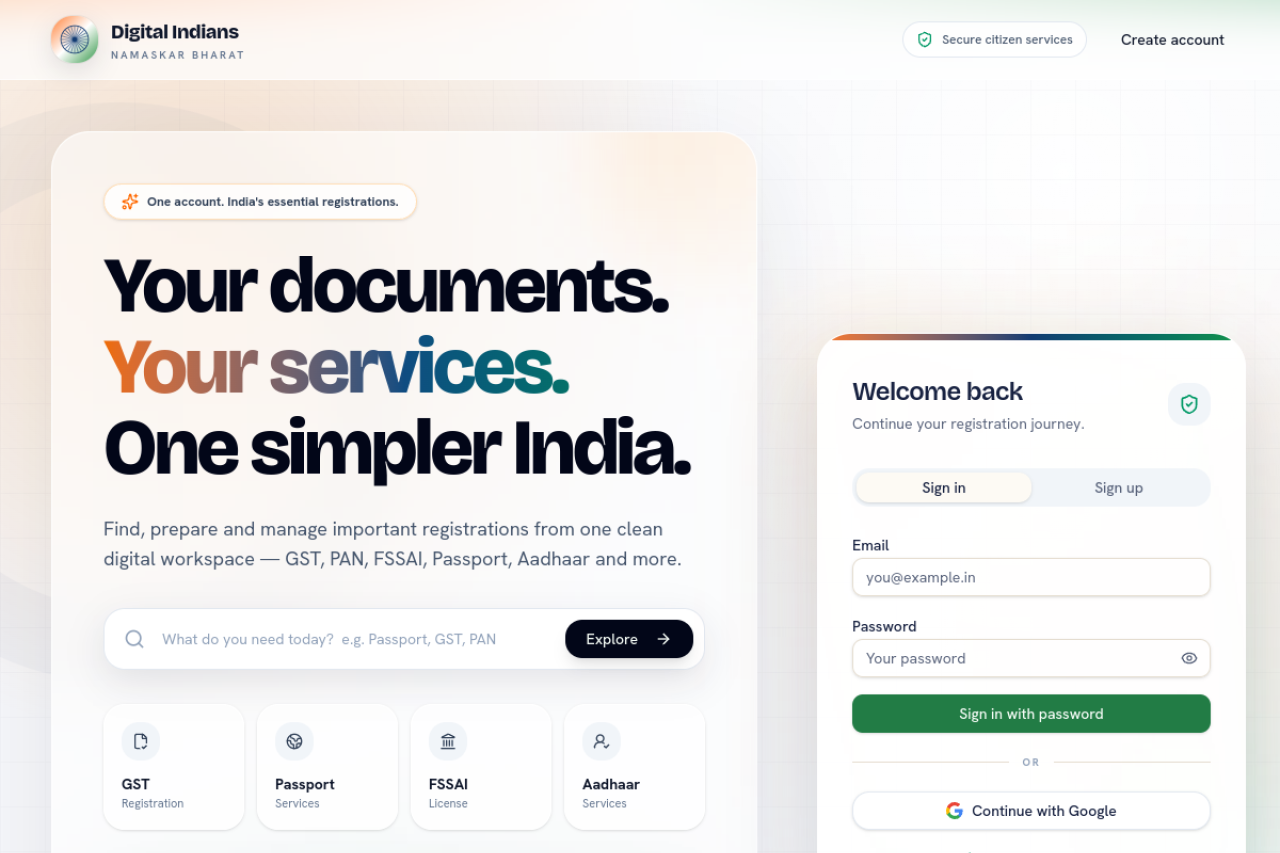 Homepage preview of NamaskarBharat — Government Services built by DigiCreators