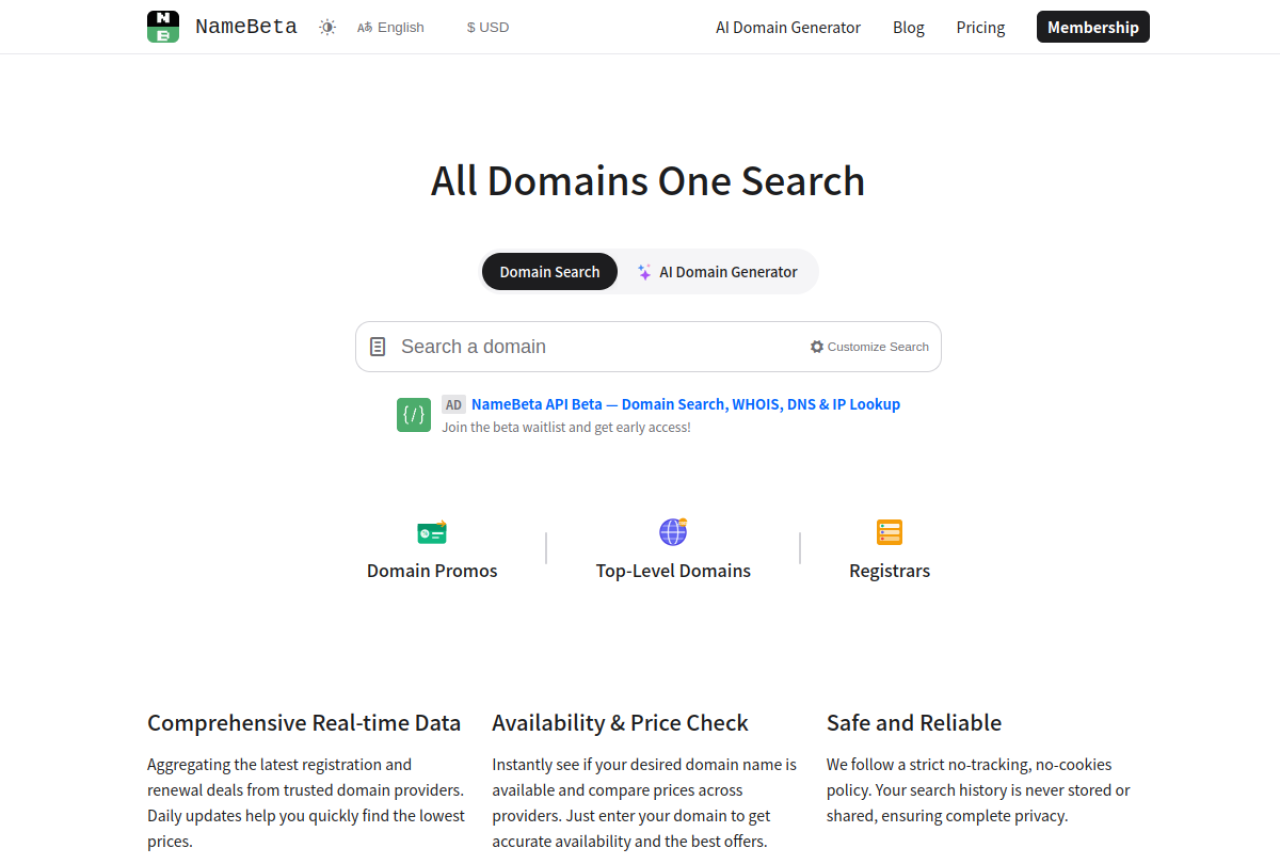 Namebeta website screenshot