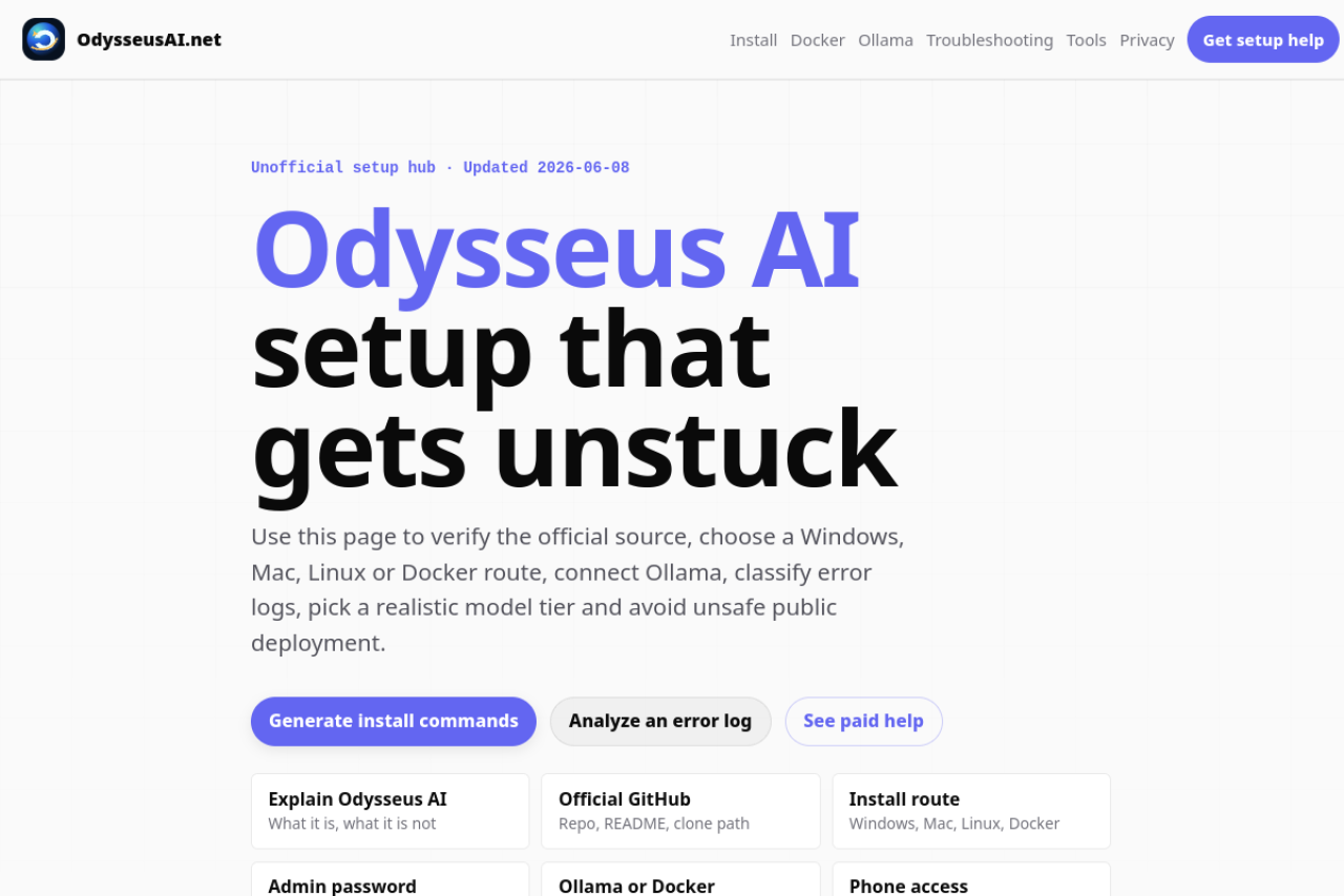 Odysseus AI PewDiePie: GitHub, Install & Ollama website screenshot