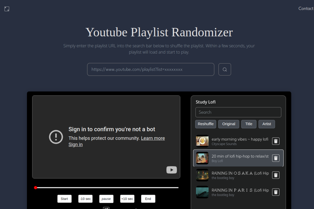 Youtube Playlist Randomizer website screenshot