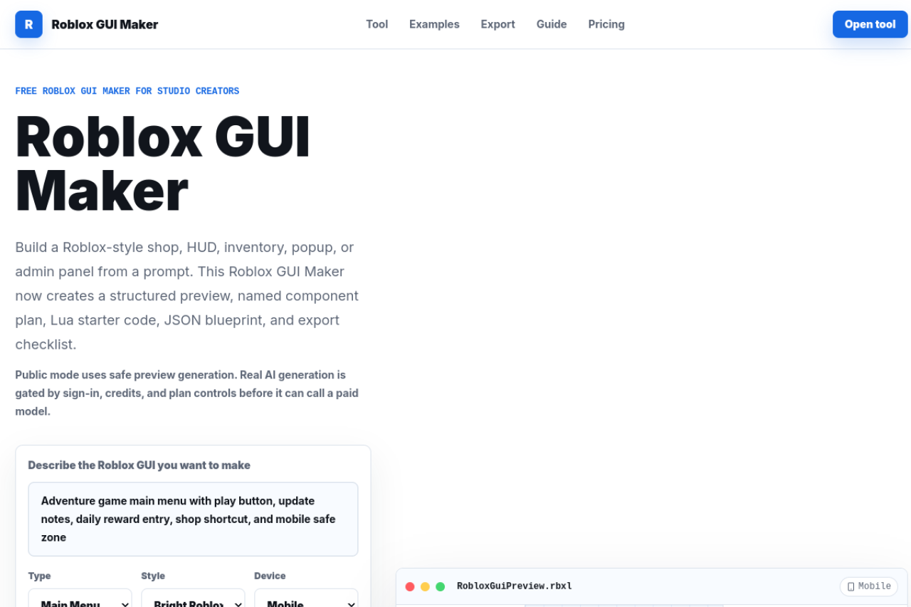 Roblox GUI Maker website screenshot