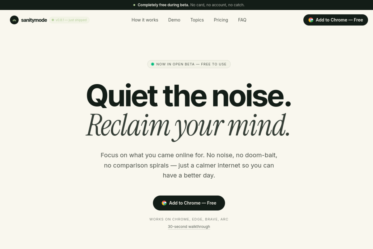 Sanity Mode — live site screenshot