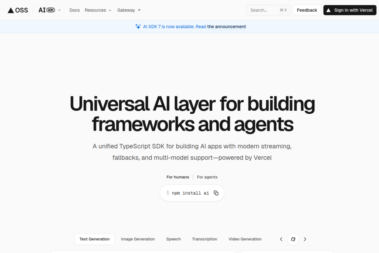 Vercel AI SDK website screenshot