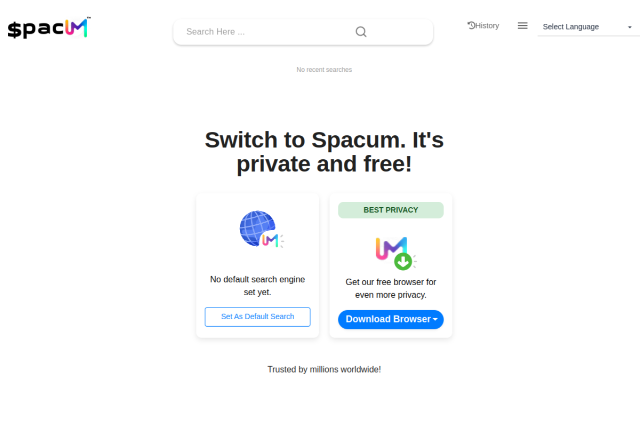 Spacum Search Engine website screenshot