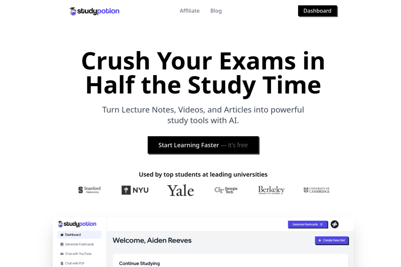 Study Potion Ai website screenshot