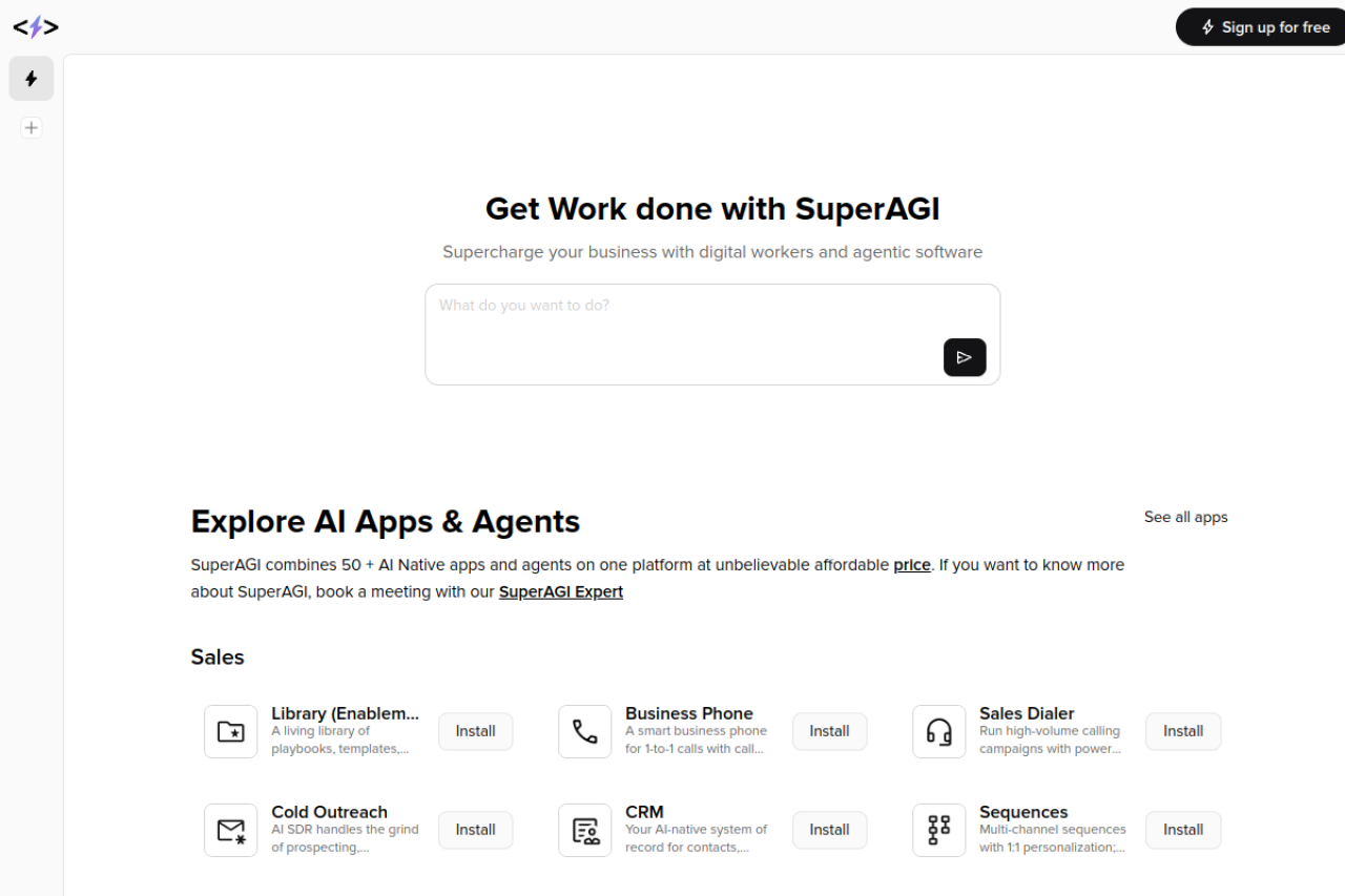 Superagi Cloud website screenshot