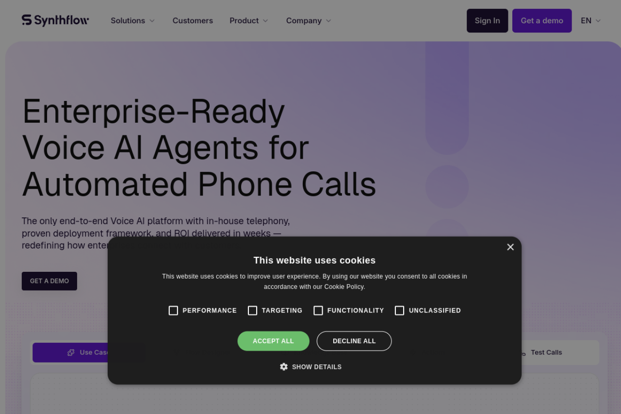 Synthflow Ai website screenshot