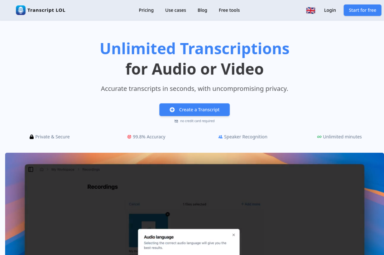 Transcript Lol website screenshot