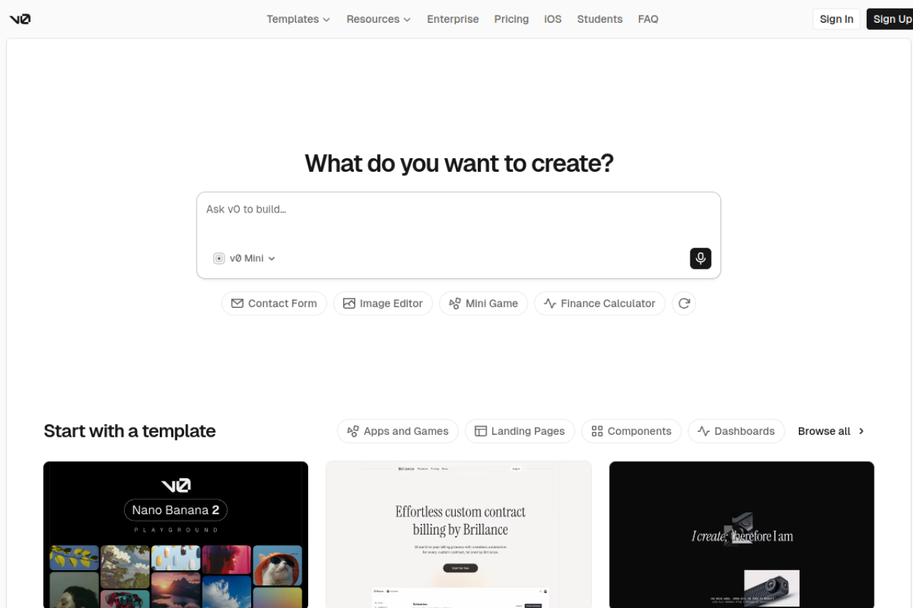 v0 website screenshot
