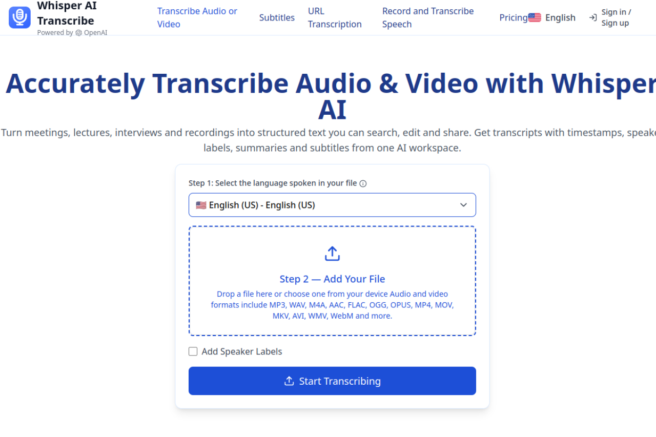 Whisper AI Transcribe website screenshot