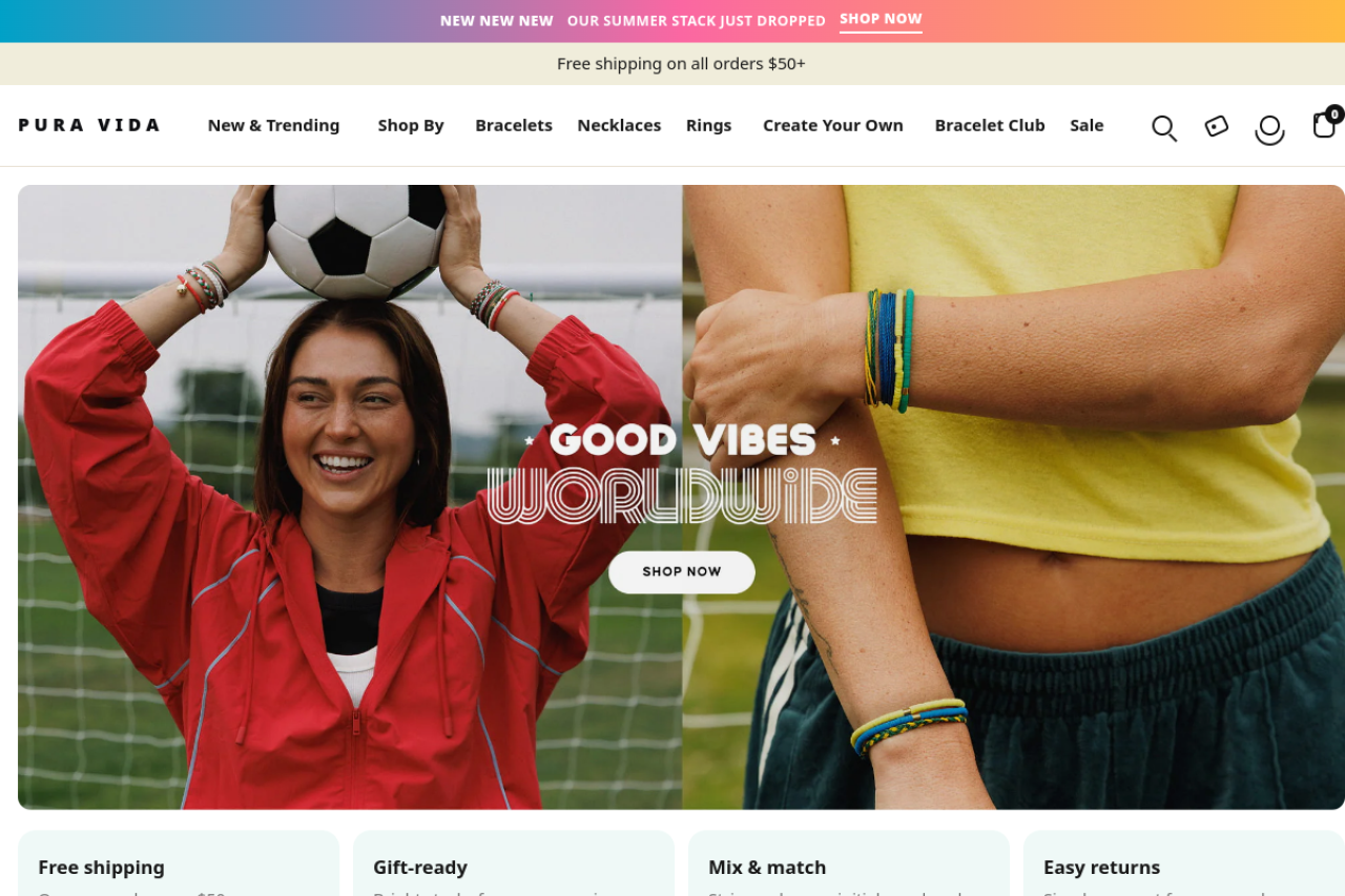 Pura Vida Bracelets homepage preview