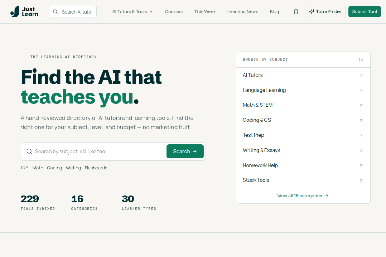 Justlearn website screenshot