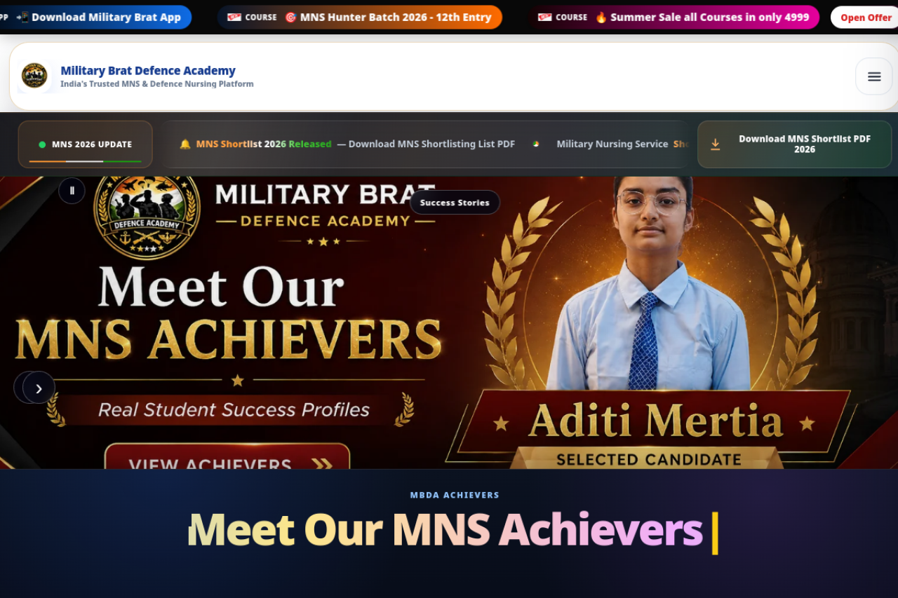 Live website preview of Military Brat Defence Academy