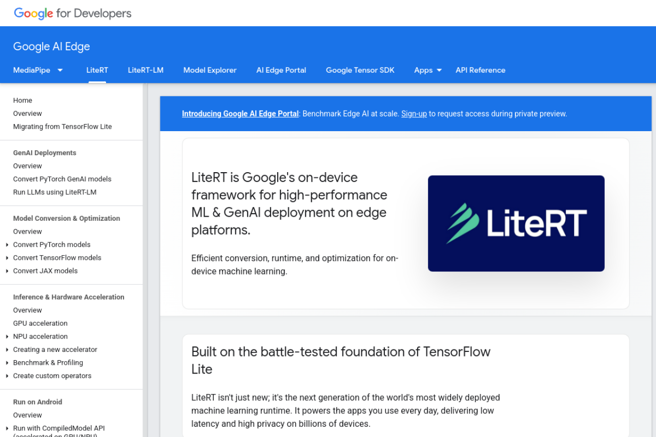 TensorFlow Lite website screenshot