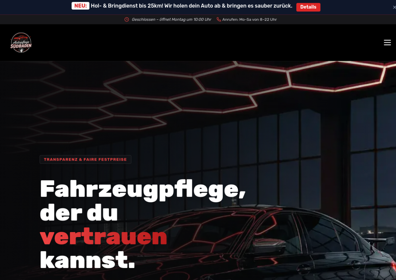 Responsive Webdesign Referenz Freiburg – Autopflege Südbaden Website mit Terminbuchung – Desktop