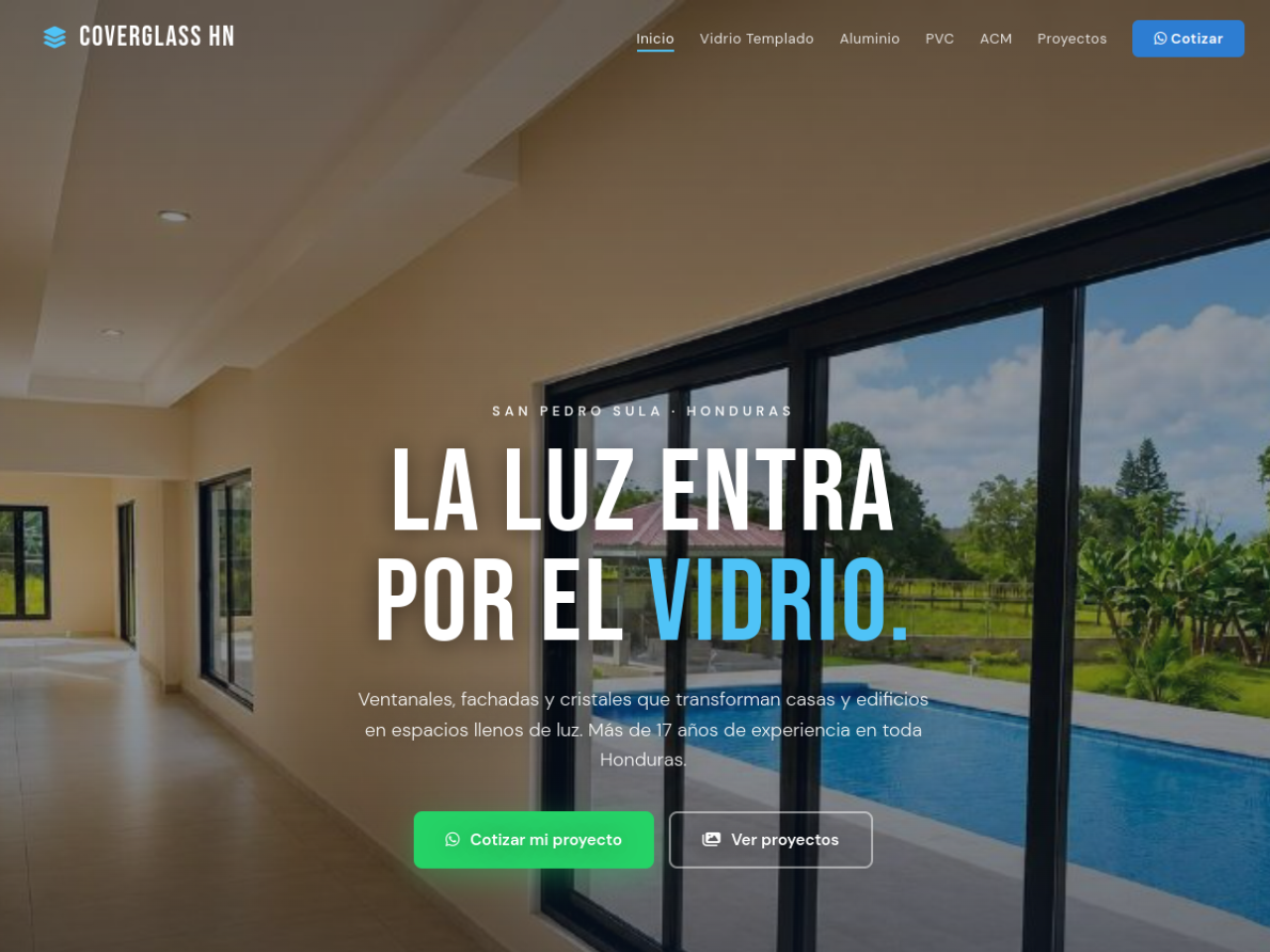 Sitio web de CoverGlass Honduras en pantalla de laptop — vidrio templado y aluminio