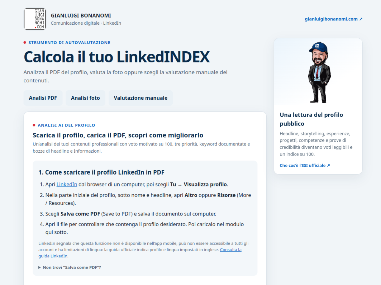 Screenshot di LinkedINDEX: modulo per valutare un profilo LinkedIn e criteri del punteggio su 100