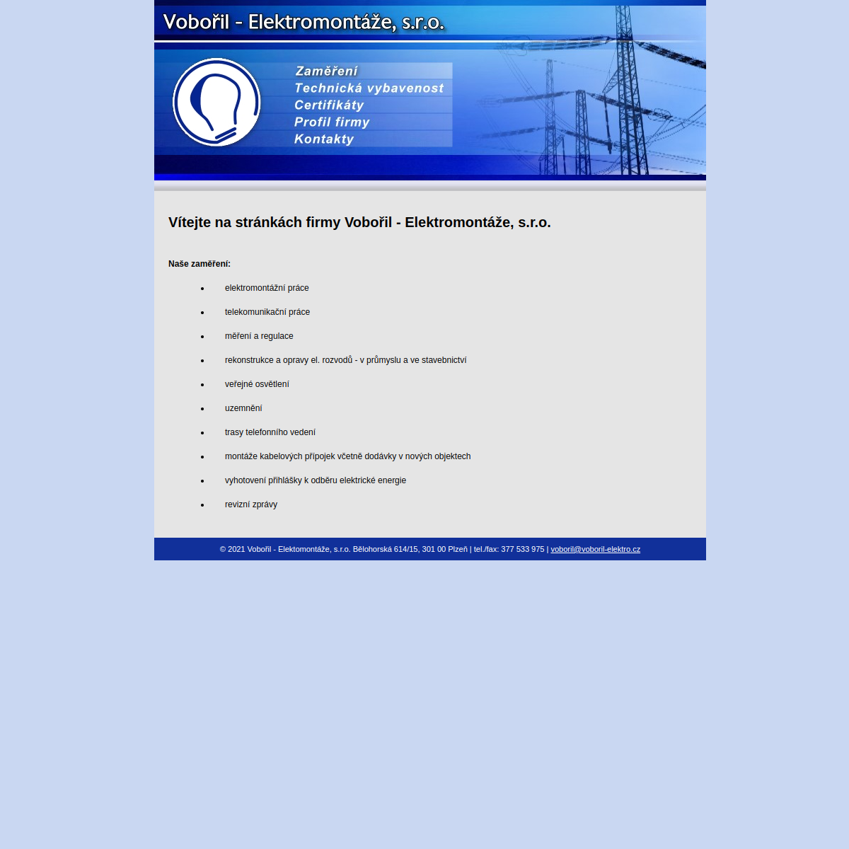 Vobořil - Elektromontáže, s.r.o. website