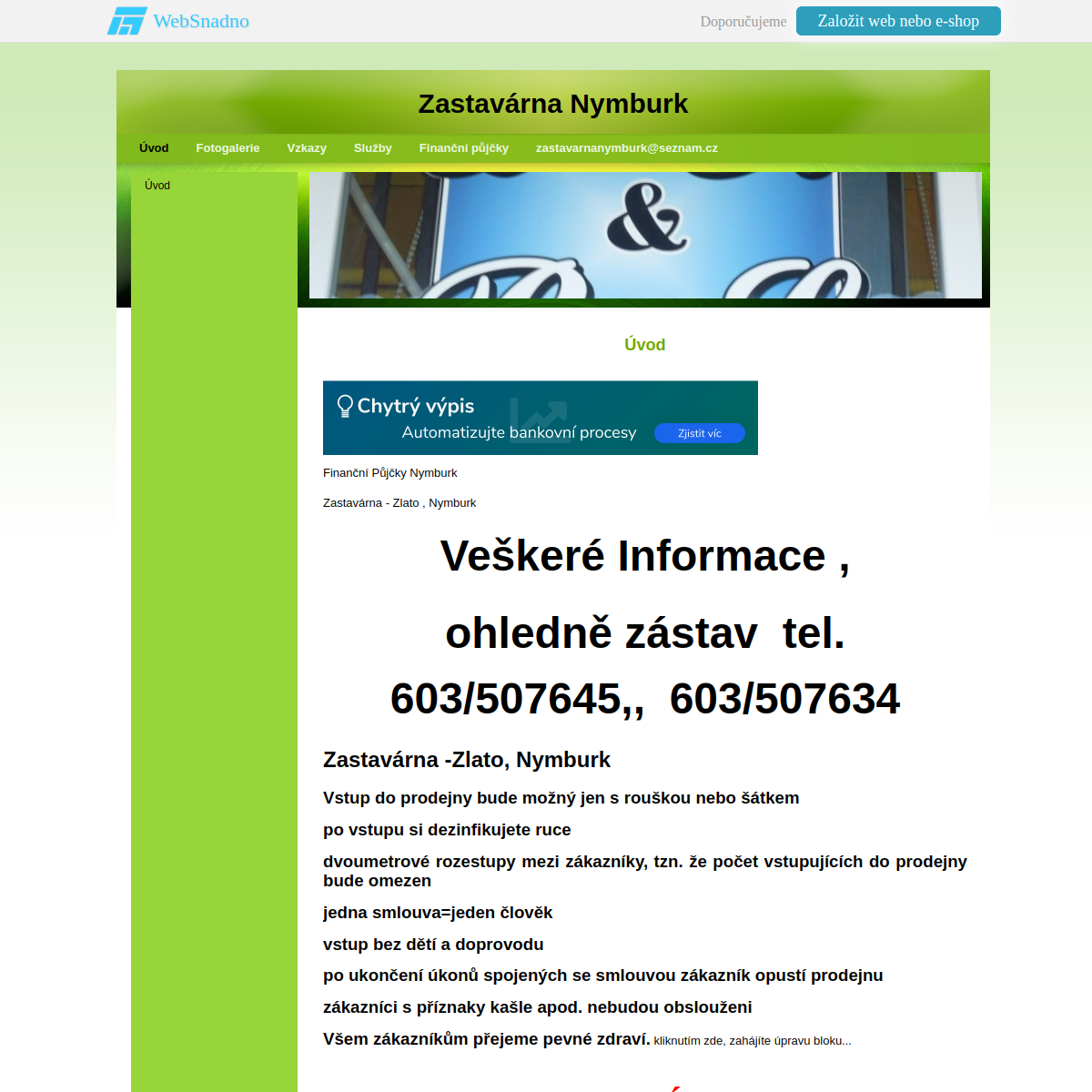 Zastavárna Nymburk website