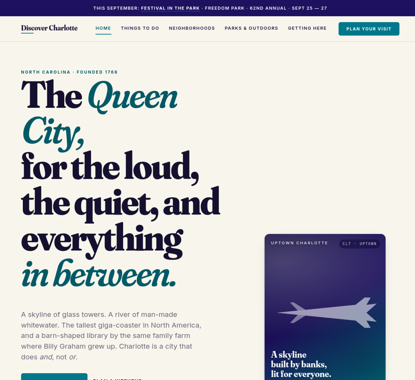 Discover Charlotte tourism website preview